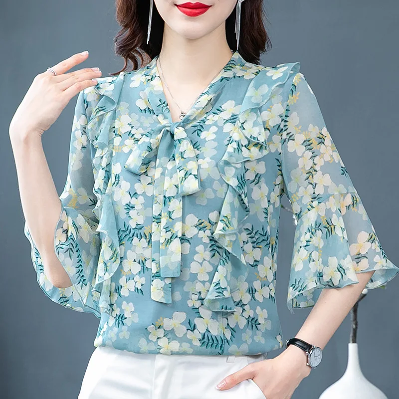 Women\'s Stylish Floral Print Ruffle Lace Up Blouse Elegant V Neck Short Sleeve Shirt Casual Loose Chiffon Tops Blusas Para Mujer