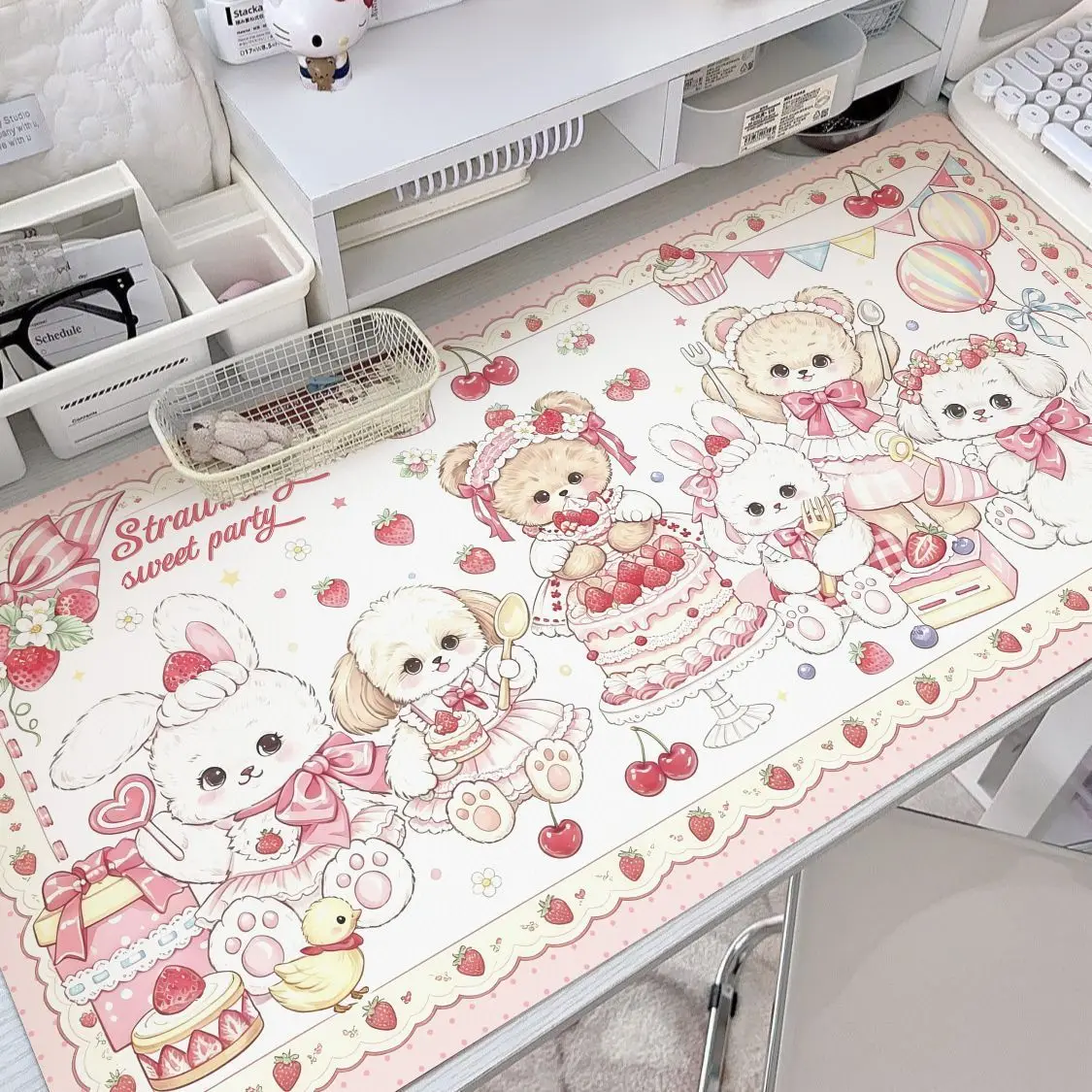 Pink Polka Dots Strawberry Cake Bear Y2K Girl Bunny Leather Desk Pad Protector Mouse Pad Office Desk Mat PU Desk Blotter Pad