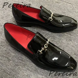 Black Patent Leather Men's Shoes Metal Decor Square Toe Business Casual Shoes Luxury Banquet Party Wedding Dress Shoe Loafers