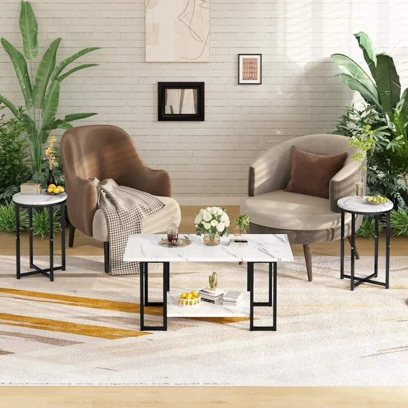 3 Pieces Living Room Table Set, Faux Marble Coffee Table with 2 Round End Side Tables, Coffee Table Set with Metal Frame