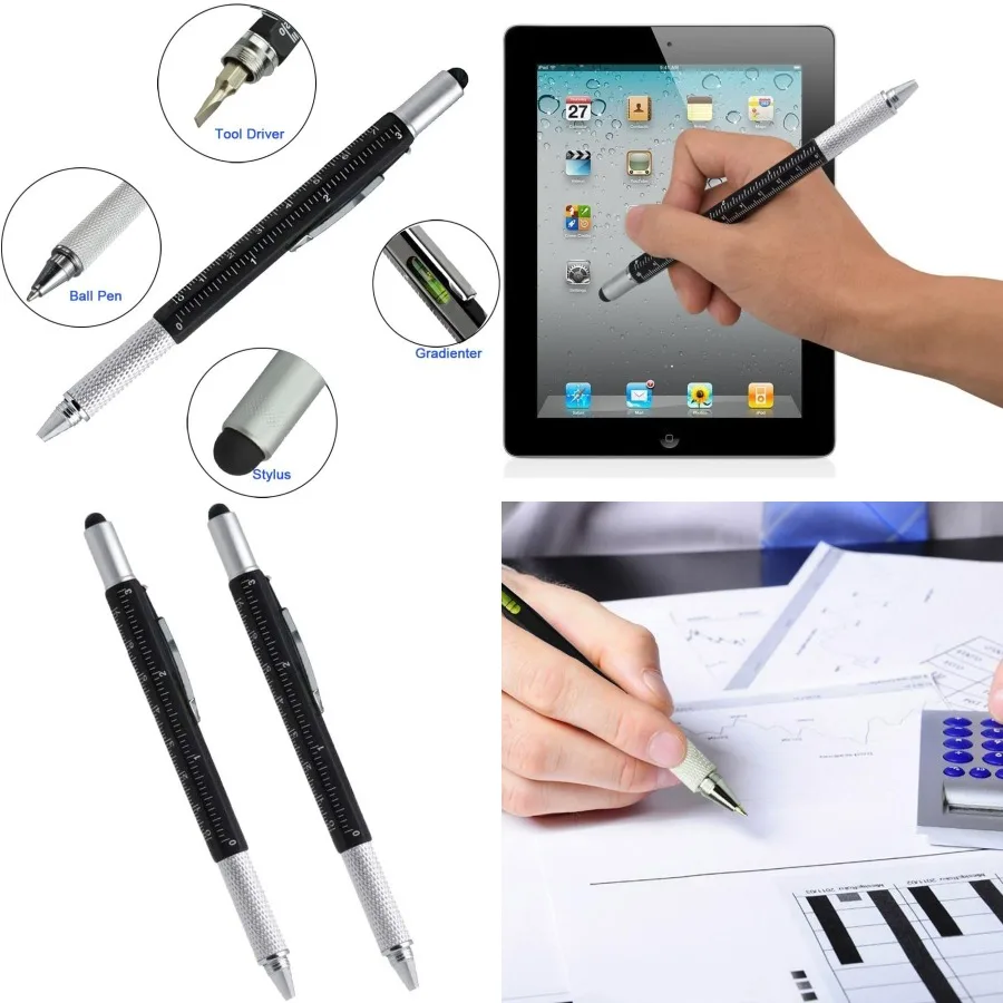 

Многофункциональный инструмент 6 в 1, шариковая ручка с шариковой линейкой, отвертка, ручка с плоской головкой и сенсорным экраном, измеритель уровня для