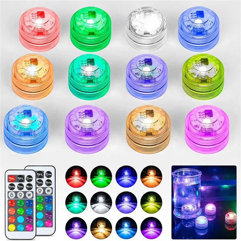 RGB Underwater Lights IP68 Waterproof Submersible Light Swimming Pool Night Lamp Remote Tea Lights Wedding Vase Bowl Party Decor