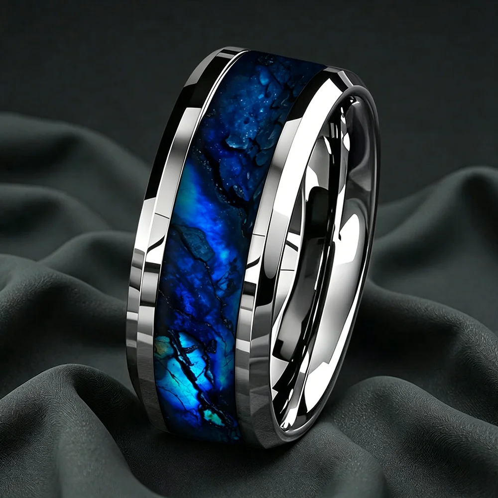 Fashion 8mm Men Stainless Steel Ring Inlay Galaxy Style Blue Turquoise Crushed Stone Rings For Men Wedding Band Jewelry Gifts