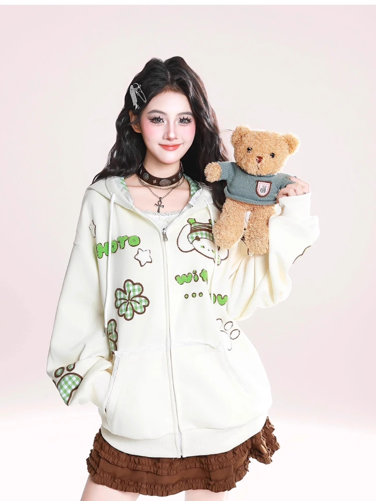 Highstreet Sweet Cool Girl Versatile Casual Hoodies Flocked Lace Plaid Hooded Long Sleeve Zipper Loose Sweatshirts Women Autumn