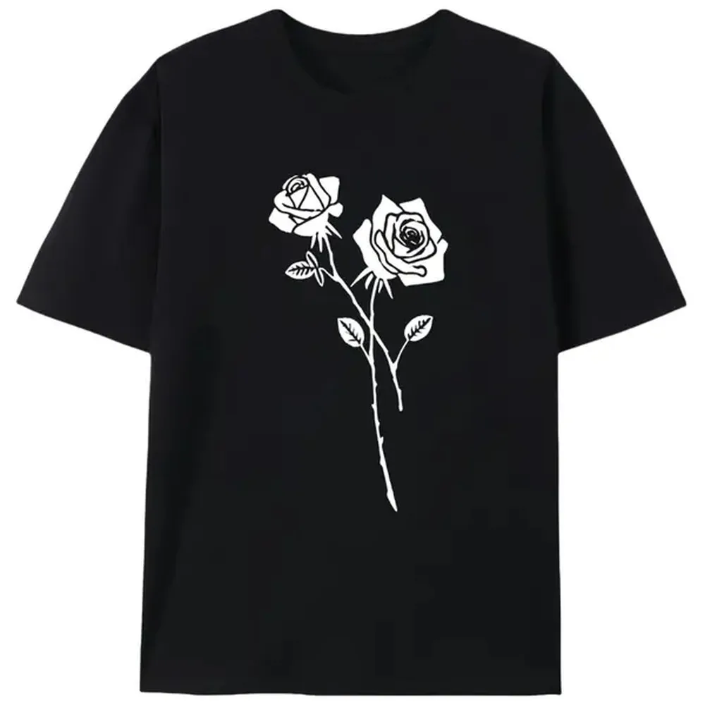 Men's Fitted Short-Sleeve Cotton Knit T-Shirt, Minimalist Rose Floral Line Art Tattoo Style Casual Top, Summer Gift for Flower Lovers