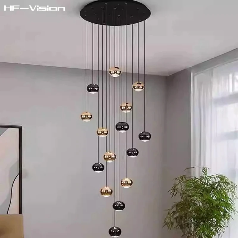 Modern Black Gold Sphere LED Ceiling Pendant Light for Living Room Dining Room and Staircase Home Decoration Fixtures