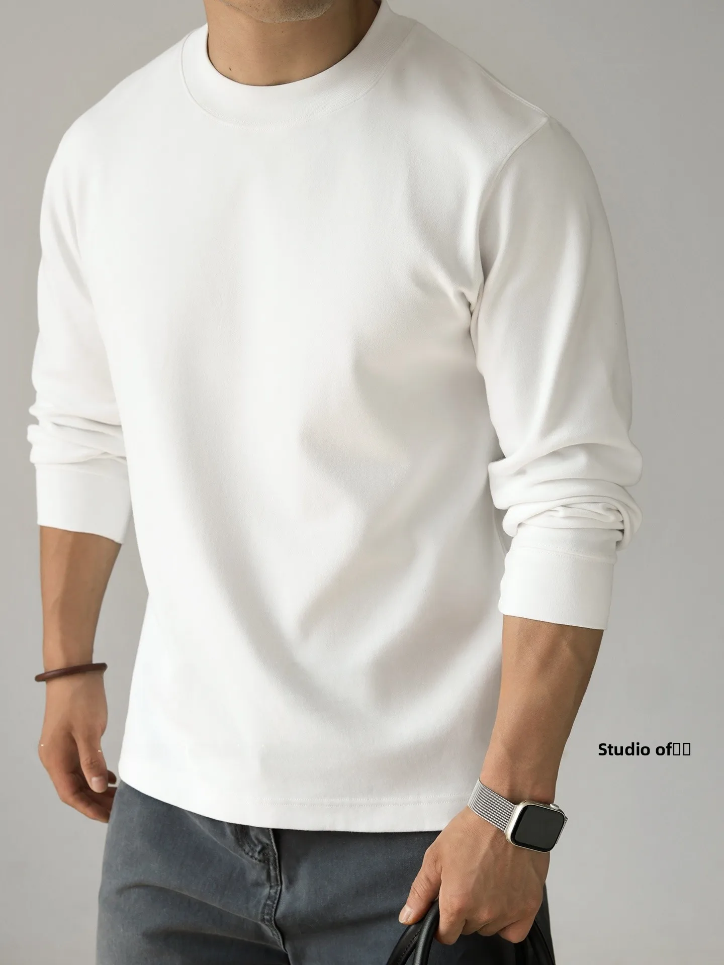 Heavyweight Double-Sided Elastic Cotton T-Shirt Simple High Collar Long Sleeve Pure Color Men's Autumn Fashion Urban Style