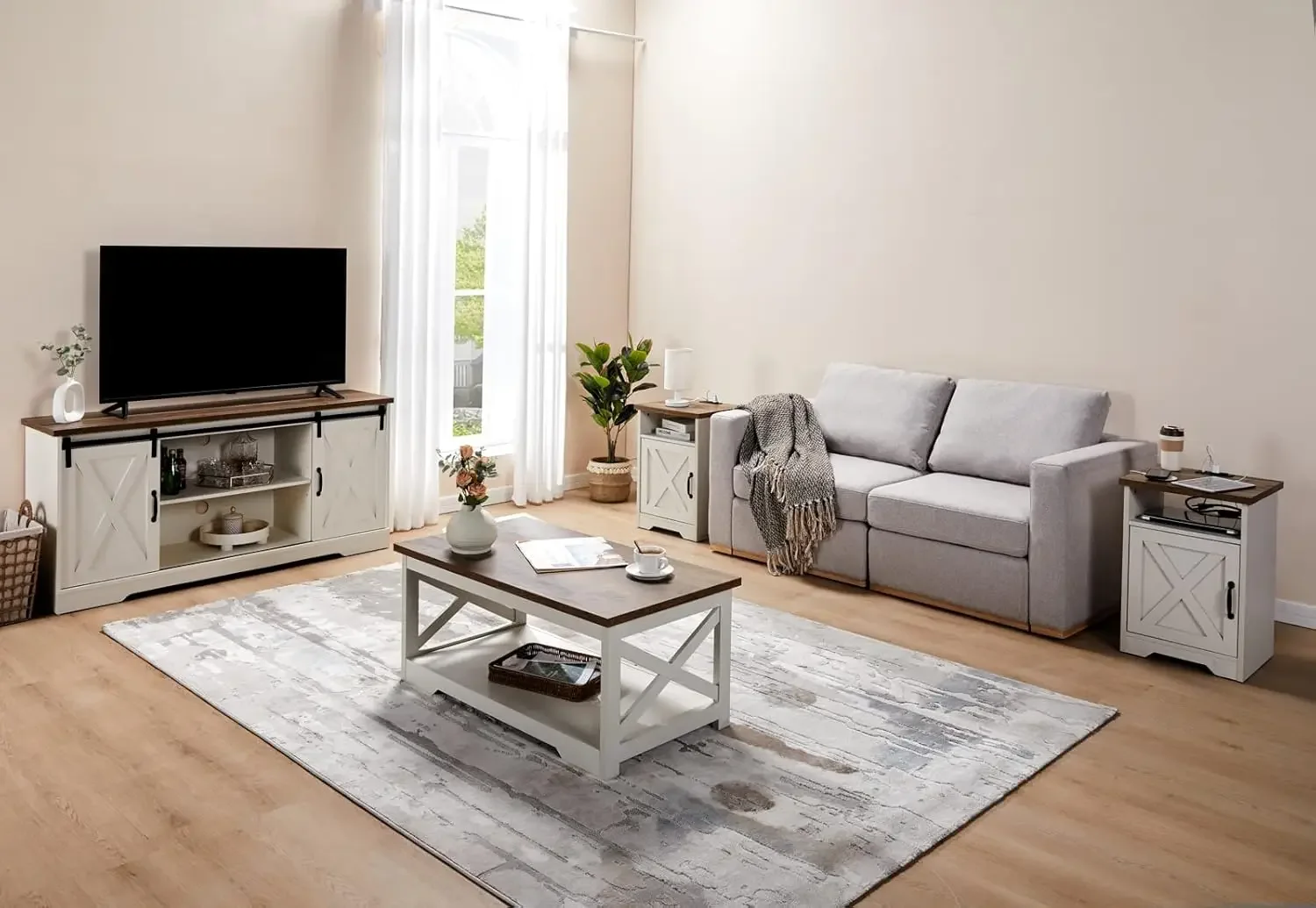 Coffee Table& Two End Tables, Side Table with Charging Station and USB Ports, for Living Room, Distressed White, 66