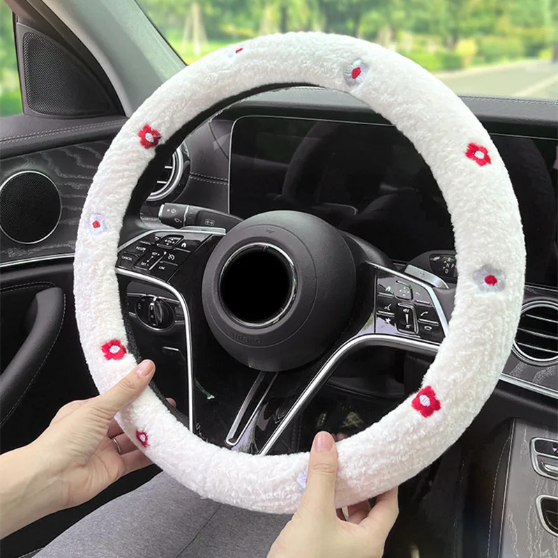 WInter Warm Soft Plush Embroidery Flower Car Interior Accessories 38cm Car Steering Wheel Cover Handble Cover