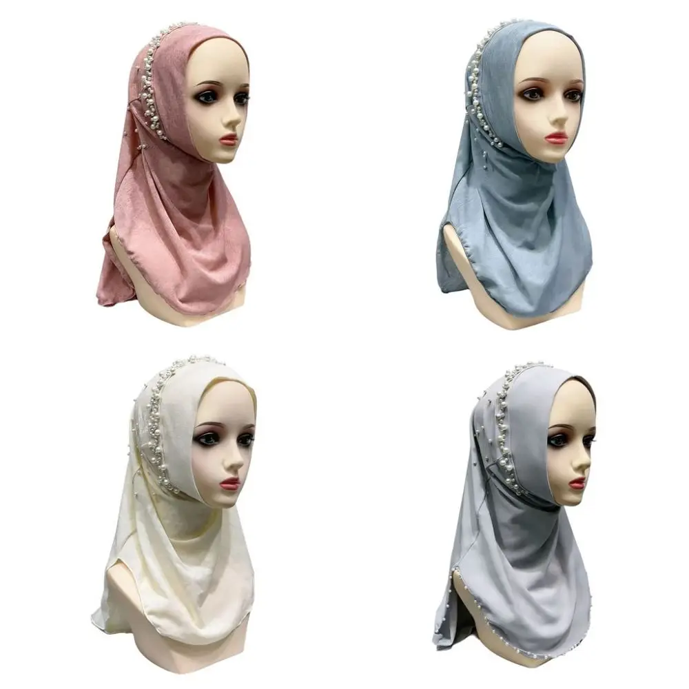 Pearl Beaded Trim Women Turban Cap Pull On Elastic Fit Pull On Head Wrap Soft Fabric Easy Wear Muslim Headscarf Muslim Women