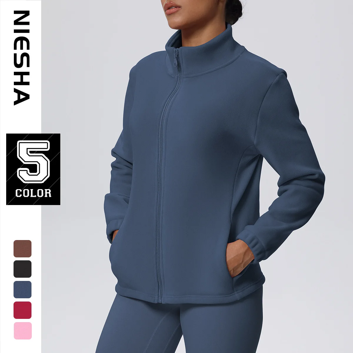 High Collar Fleece Lined Zip Up Sweatshirt Women Loose Yoga Jacket Warm Casual Versatile Sports Outerwear
