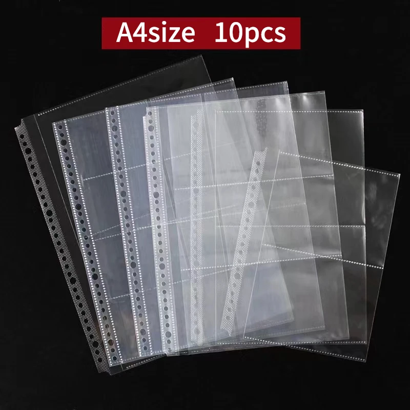 10pcs A4 Transparent Plastic Punched Pocket Folder Filing Loose Leaf 30 Holes Document Sheet Protectors Binder Bag Clear Sleeves