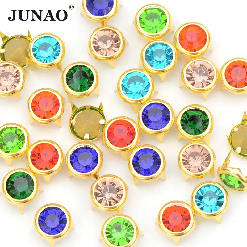 JUNAO 10mm 50pcs Mix Color Rhinestone Rivet Gold Brass Studs Metal Spikes Decoration Rivet For Leather Clothes Shoes DIY Crafts