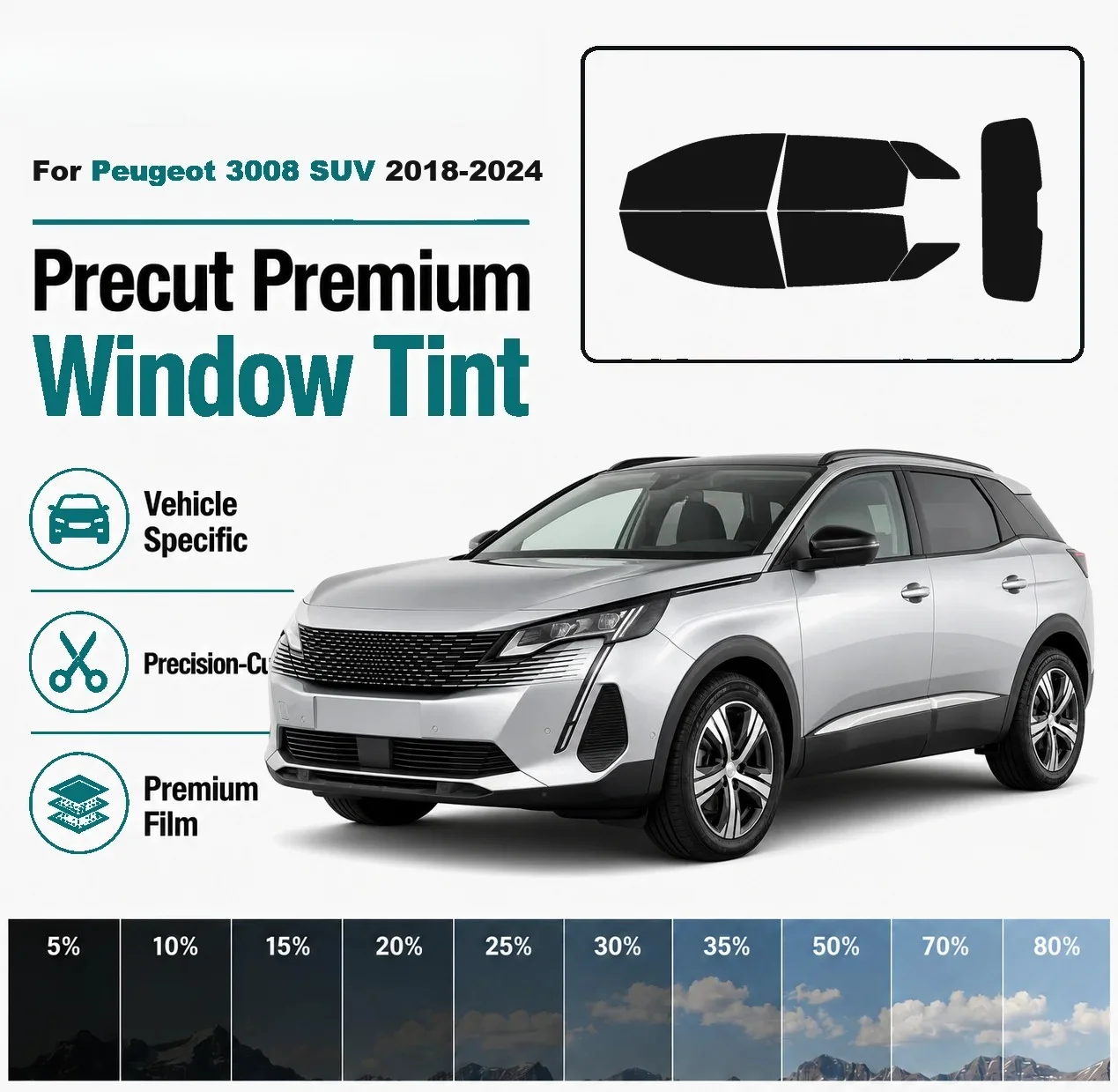 For Peugeot 3008 SUV 2018-2024 Pre-Cut Window Tint Film Vehicle-Specific Full Kit Front & Rear Windows Precision-Cut