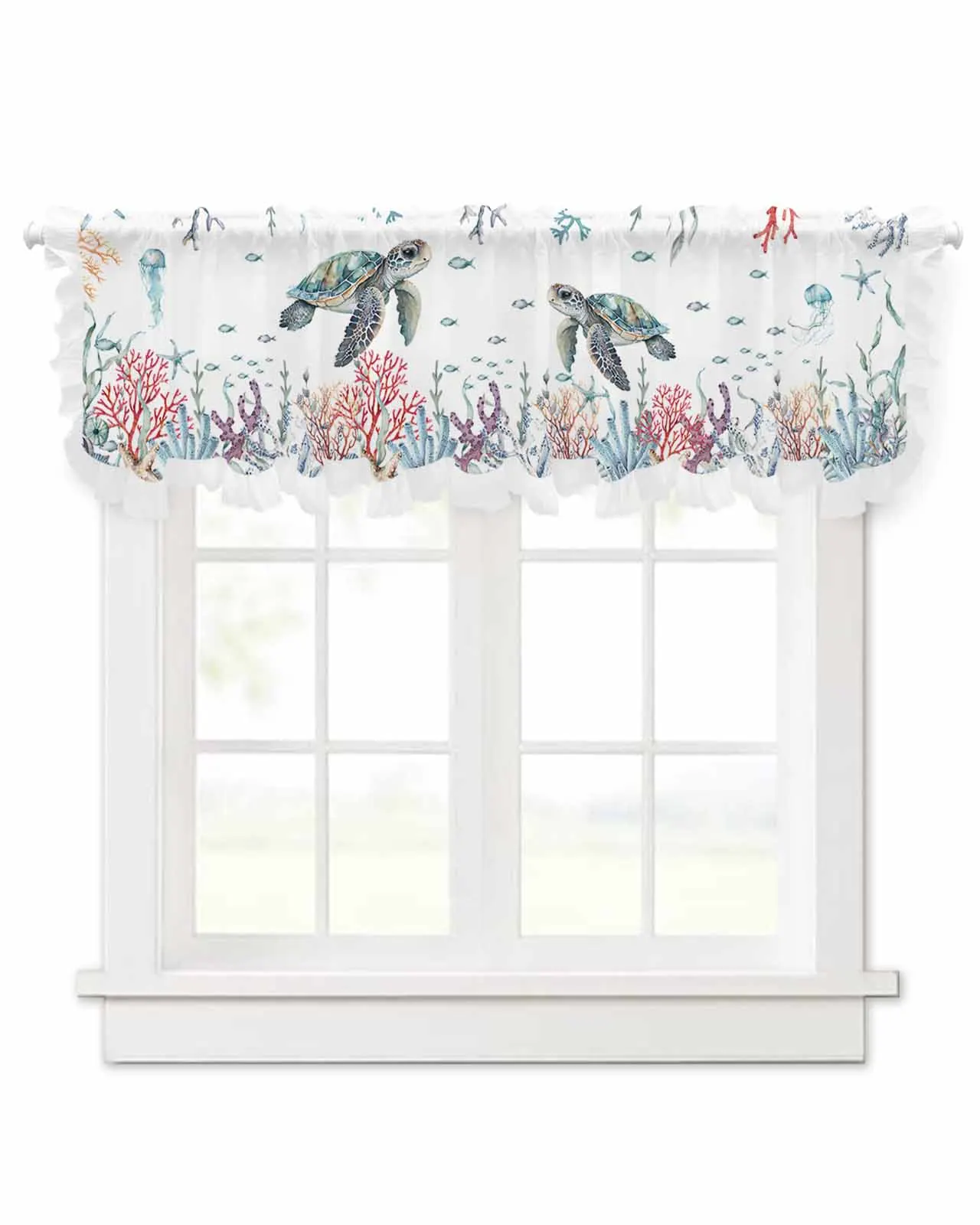 Summer Sea Life Coral Sea Turtle Short Tulle Half Curtains for Living Room Kitchen Door Cafe Window Sheer Valance Drapes