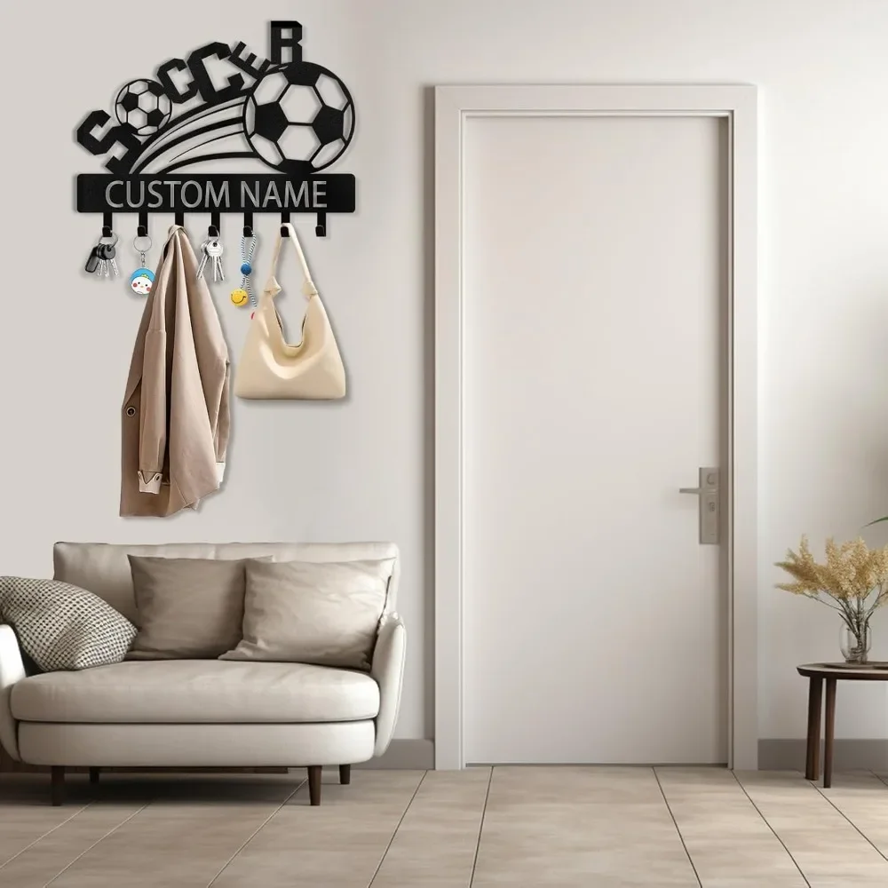 Personalized Soccer Theme Key Holder Wall Mount with Custom Name Key Hooks Organizer Rack Metal Decorative Storage for Doorway