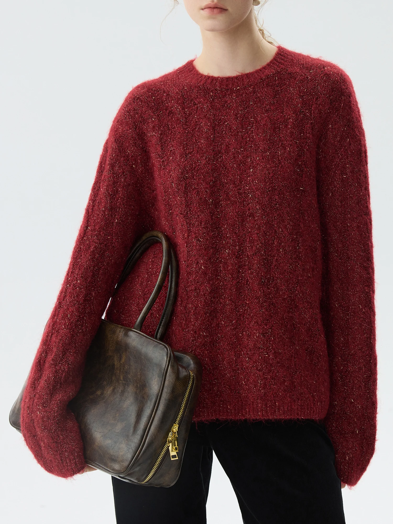 FSLE Office Lady Round Neck Pullover New Year's Red Knitted Sweater Top for Winter 2024 New Casual Loose Women Tops 24FS14572