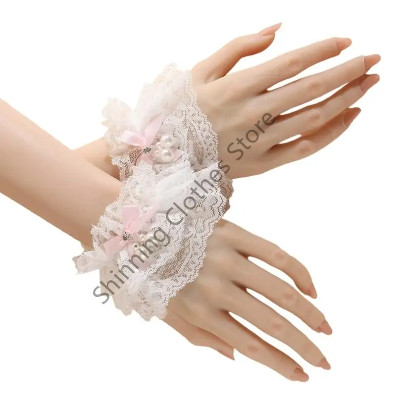 M68A Elegante Spitzen-Armstulpen mit Perlen-Bowknoten-Dekoren, Handgelenksmanschetten-Ärmel für Frauen, Teenager, tägliches und