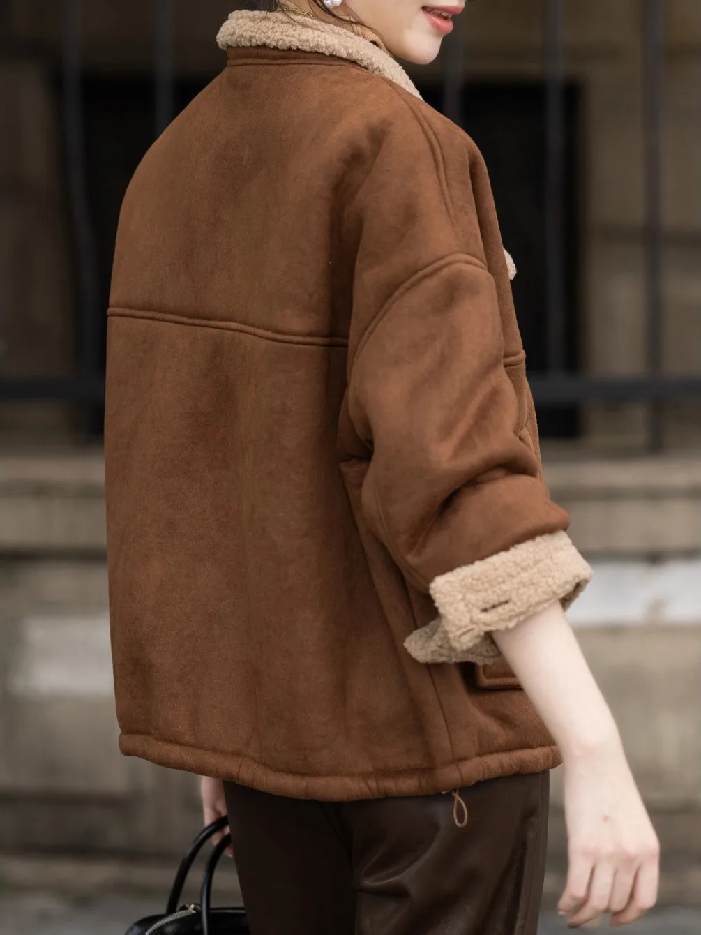 여성용 바이커 재킷 양털 안감 스탠드 칼라 스웨이드 겨울 패션 캐주얼 루즈핏 롱 코트