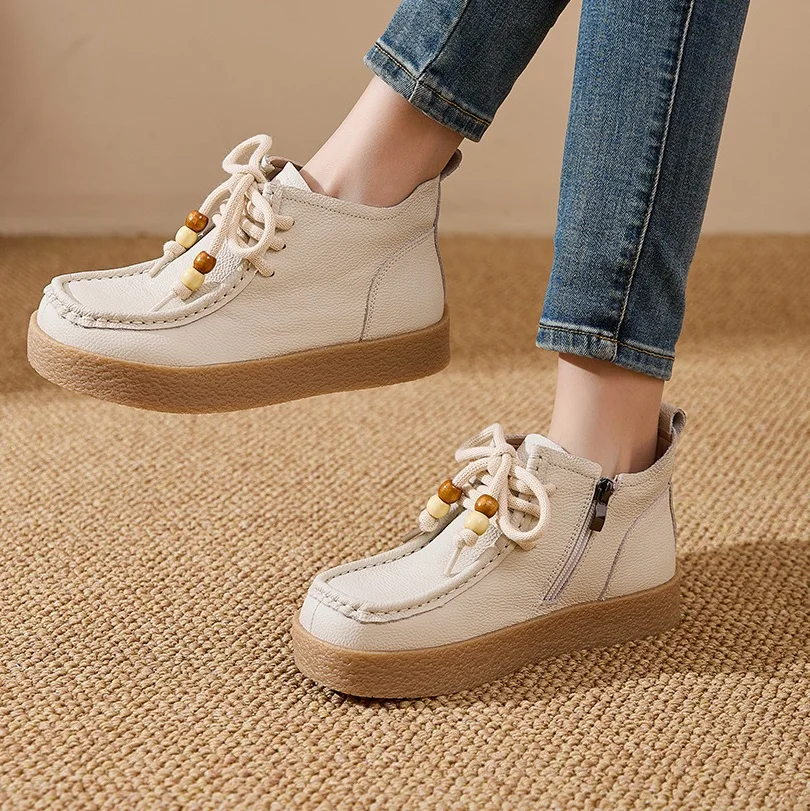 

New genuine leather lace-up ankle boots women classic bead boat shoes woman zipper soft casual booties comfortable vacation boot
