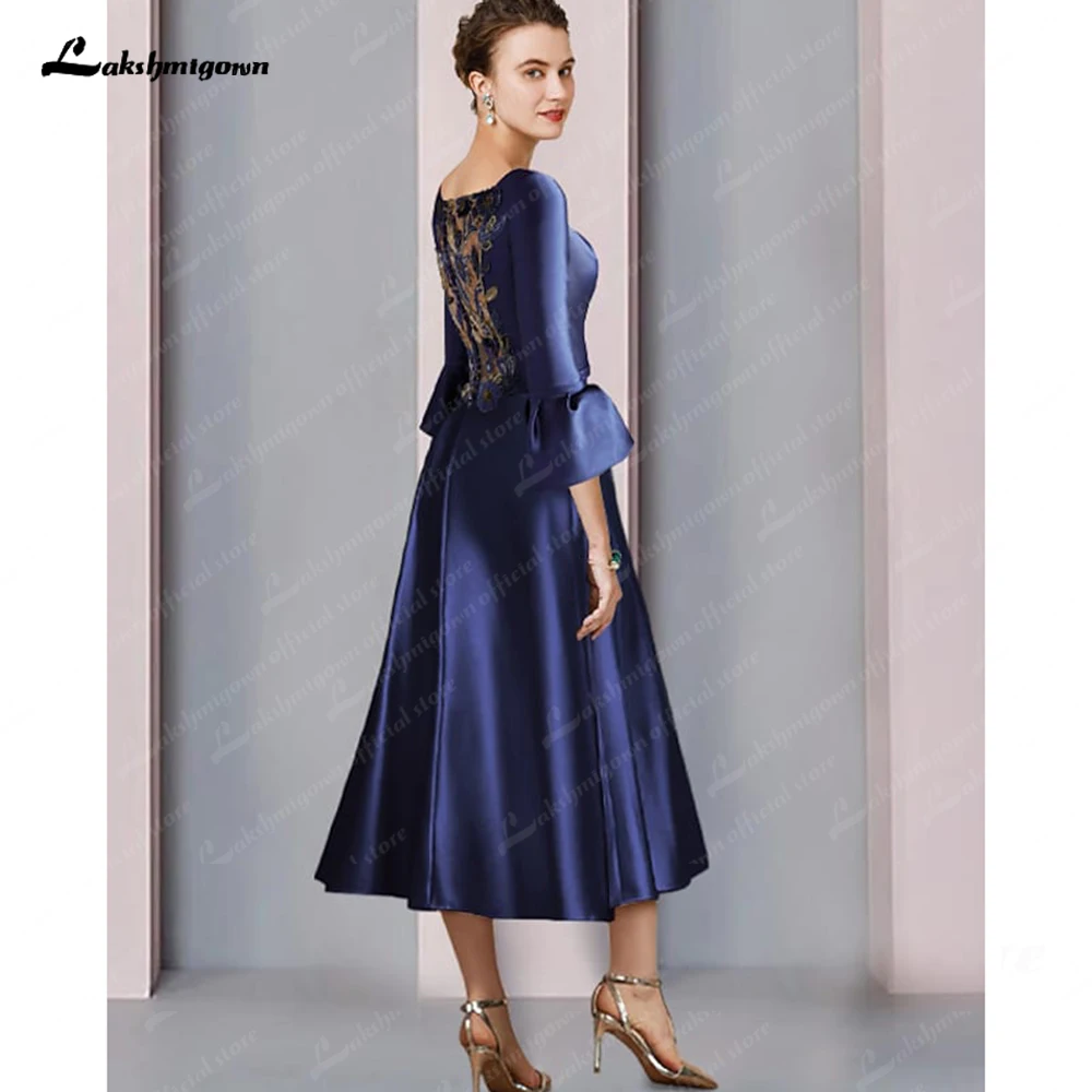 A-Line Mother of the Bride Dress Formal Elegant Bateau Neck Tea Length Satin 3/4 Length Sleeve with Pleats