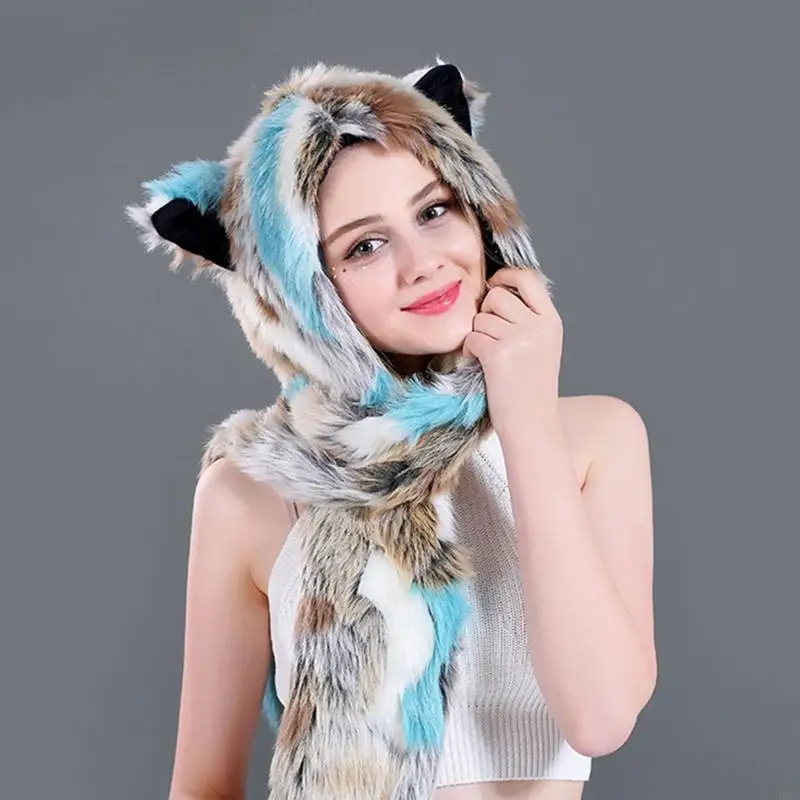 M6CC Women 3 In 1 Furry Animal Hat Scarf Gloves Mittens Multifunctional Rainbow Colorful Plush Hoodie with Paws Ears