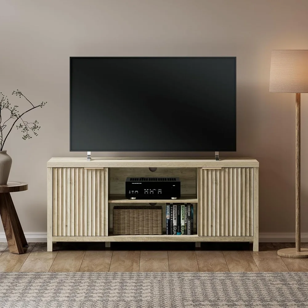 Fluted TV Stand for TVs up to 65 Inchs, Entertainment Center with Storage Cabinets and Adjustable Shelf, Mid Century Modern Med
