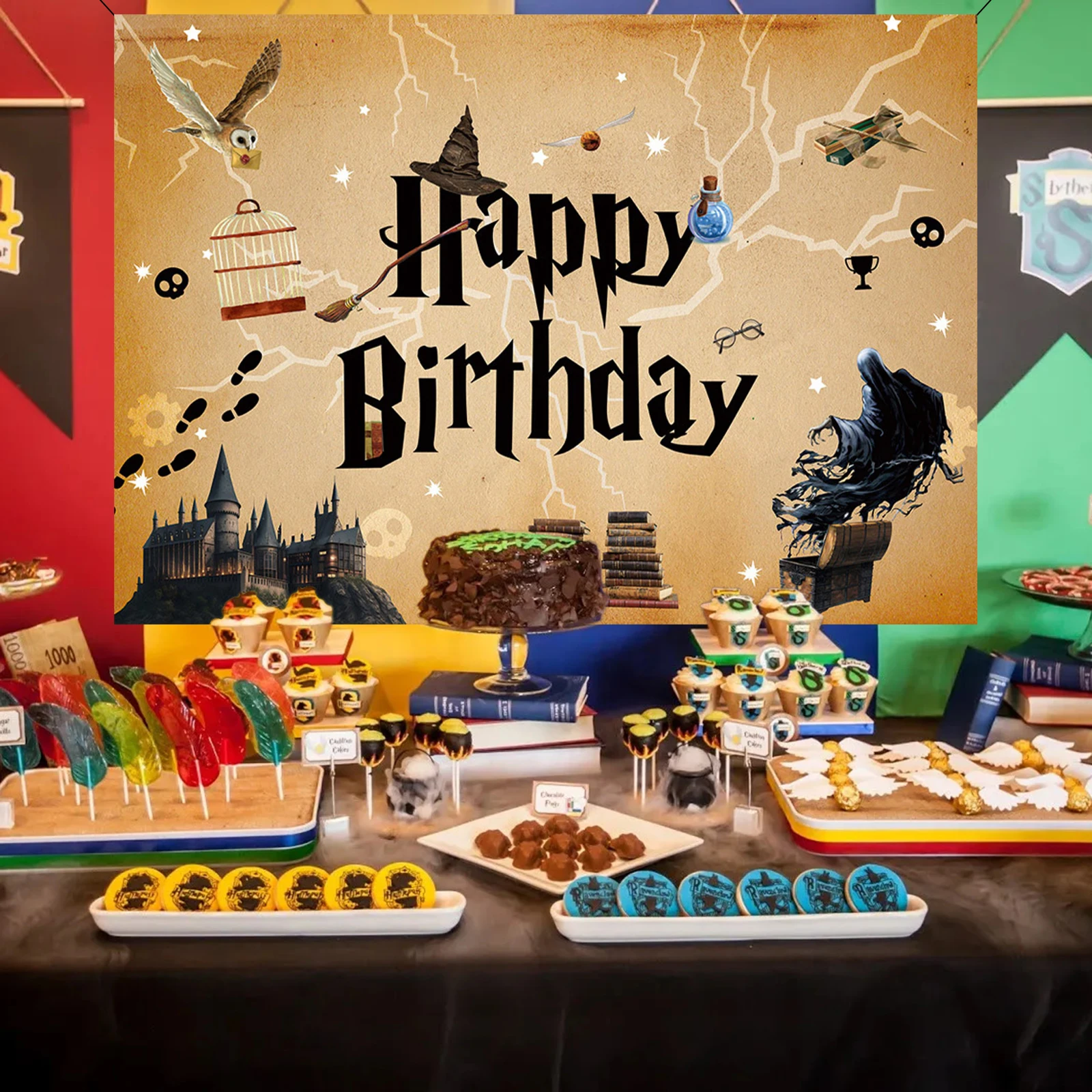 Photography Background Happy Birthday Party Decorative Banner Magic Wizard Castle Branch Hat Cake Table Hanging Cloth Vinyl