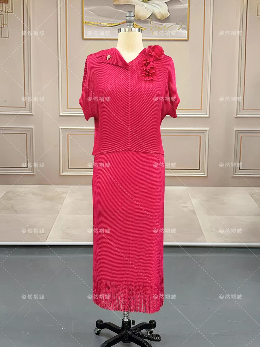 Chic e elegante conjunto de 2 peças feminino miyake plissado topo e saias longas festa de luxo senhora do escritório moda duas roupas femininas 2026
