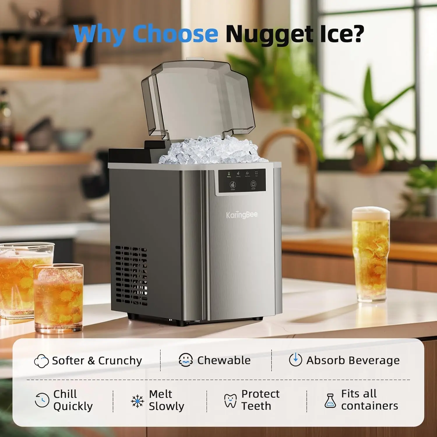 Ice Maker Countertop - 45lbs/24H, 5mins Making Soft Chewable Pellet Ice - Self-Cleaning, Sonic Ice, Pebble Ice Machine fo