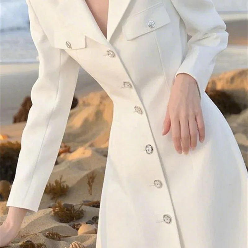 2025 New Elegant White Dress Fashion Spring Autumn Women's Single Breasted Slim Shirt Dresses Korean Women Receive High Praise