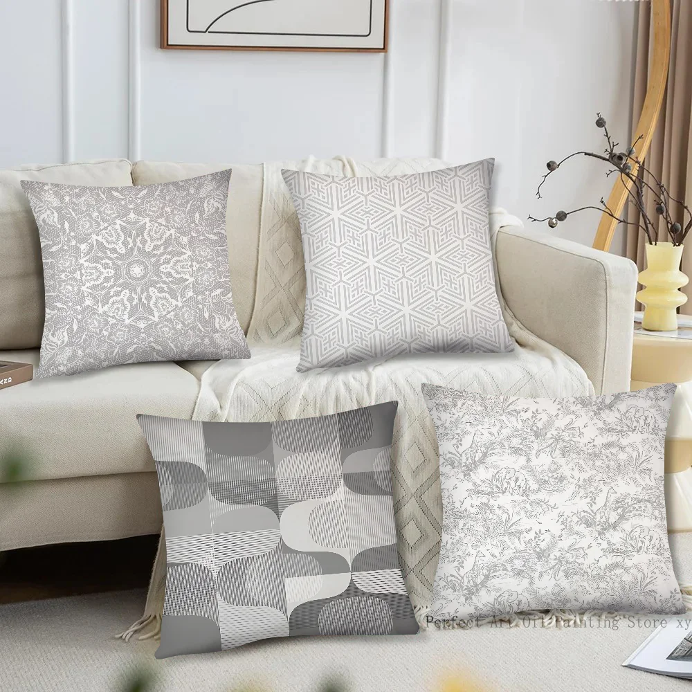 Funda de almohada con patrón de flores blancas y bajas grises, funda de almohada cuadrada a la moda para dormitorio, sofá, habitación, decoración Ins, funda de cojín de ocio 40x40
