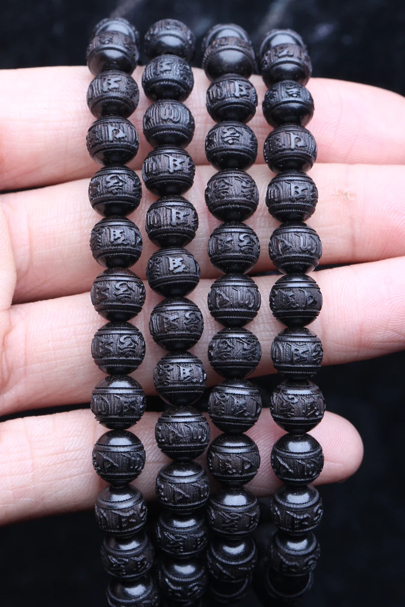 Natürliches Ebenholz, tibetisches Gebetsdrehrad, sechs Zeichen, 8 mm, 108 Perlen, Mara-Halskette, Rosenkranzperlen – Detail 4