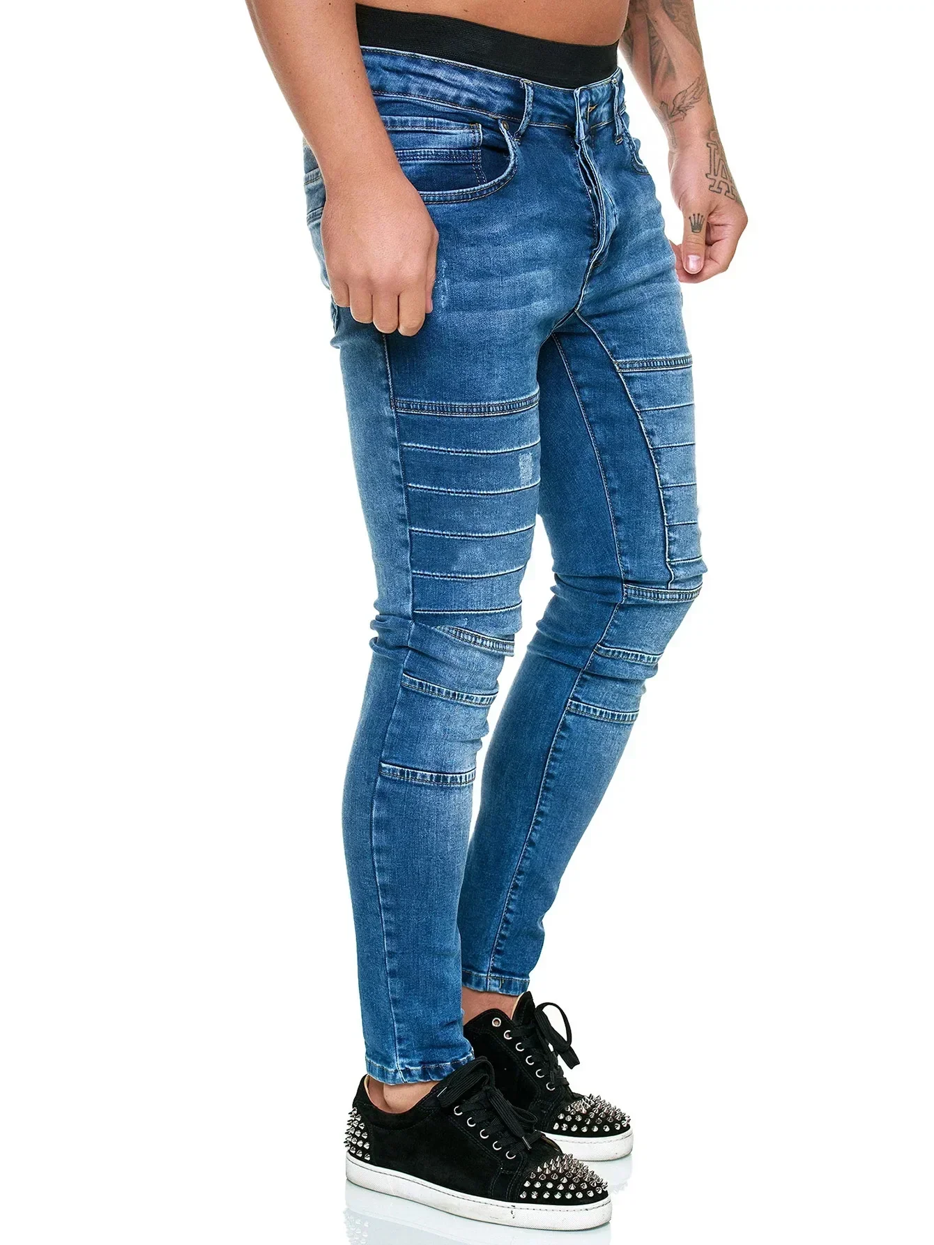 กางเกงยีนส์ผู้ชายกางเกงดินสอกางเกงยาว Sheath Denim Casual กลางเอวกระเป๋าซิป Solid Splice ปกติตรงกางเกงฤดูใบไม้ร่วง