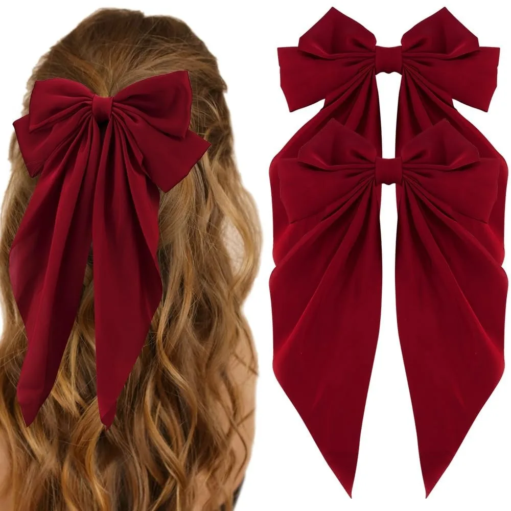 

Red Silky Satin Large Oversized Bowknot Hair Bows 2Pcs Long Tail Barrettes Metal Clips Aesthetic Hair Accessories Christmas Gift