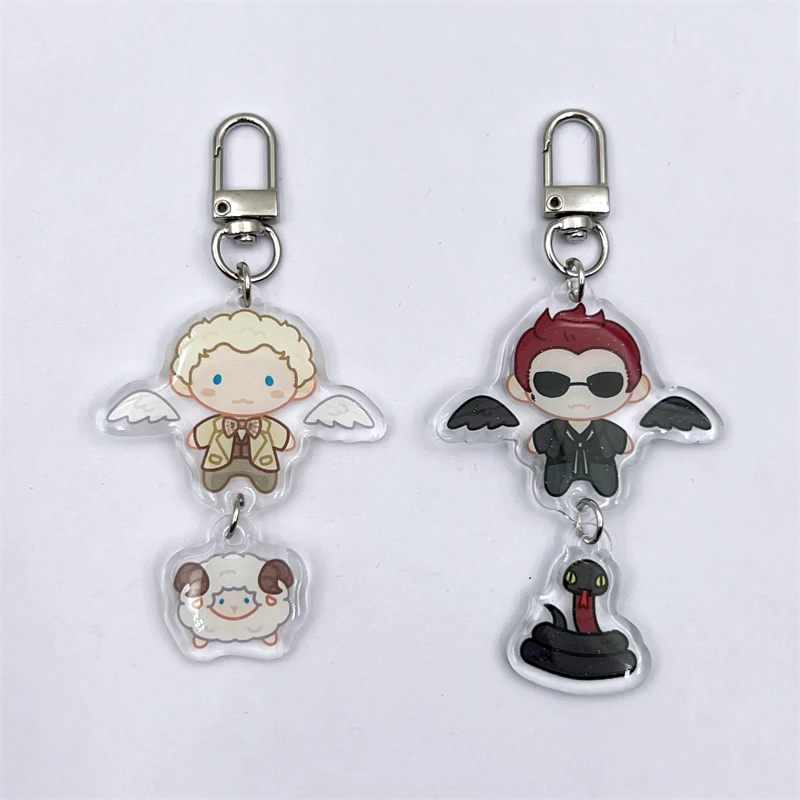 TV Series Good Omens CA Aziraphale Crowley Cosplay Keychain Alloy Acrylic Keyring Key Chain Bag Pendant Accessories Prop Gift