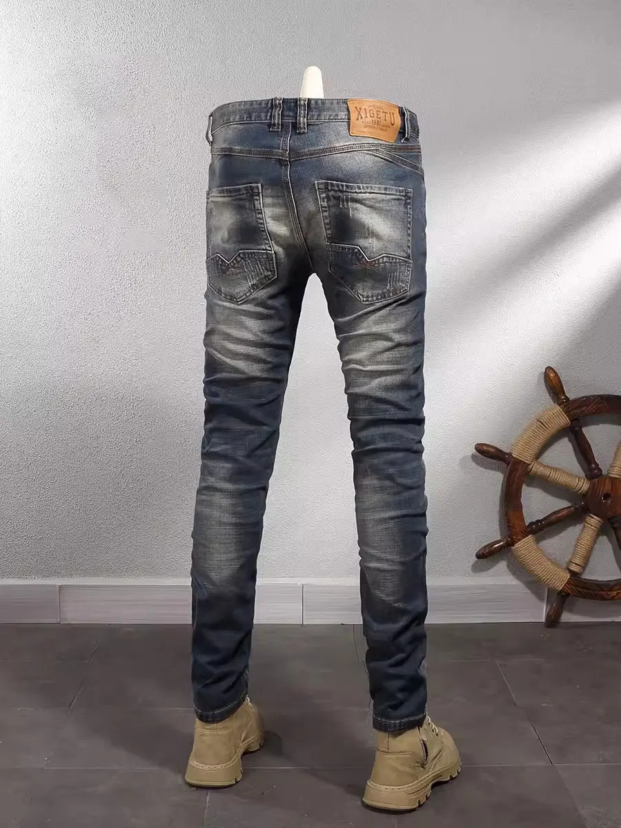 Newly Designer Fashion Men Jeans Retro Washed Blue Stretch Slim Fit Ripped Jeans Men Italian Style Vintage Denim Pants Hombre
