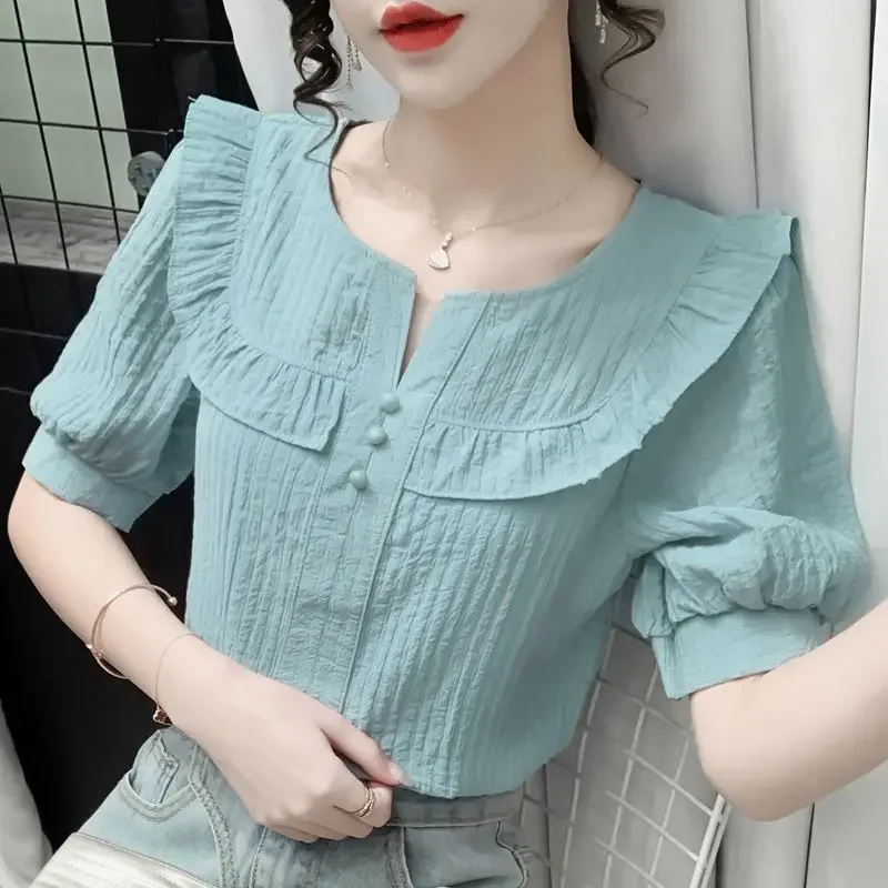 Summer New Casual Fashion Ruffles Solid Simple Shirt Ladies Short Sleeve Loose All-match Pullover Blouse Women Oversized Tops