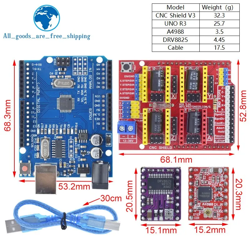 Imagem -06 - Tzt Cnc Escudo para Máquina de Gravura Driver Placa de Expansão Cabo Usb Impressora 3d Arduino Mais Uno r3 Drv8825 A4988 Pcs