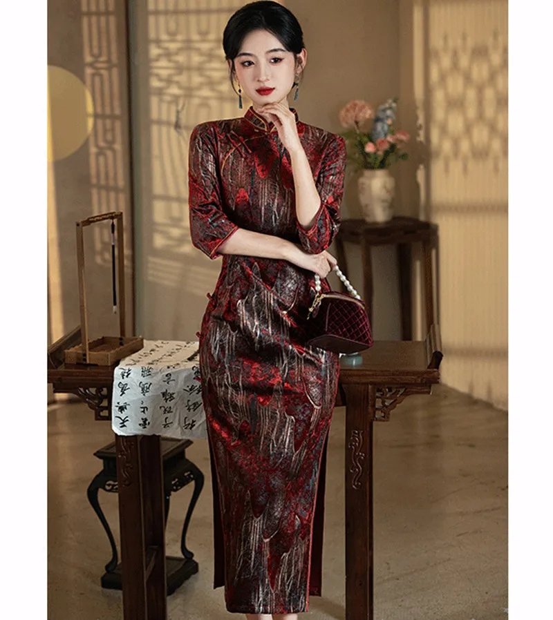 Women Autumn Winter Velvet Cheongsam Chinese Traditional Evening Wedding Banquet Dresses Long Velour Qipao