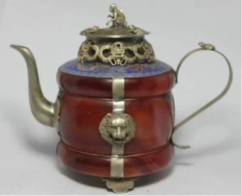 Beautiful Chinese Tibetan Silver Inlaid with Red Agate Jade Teapot