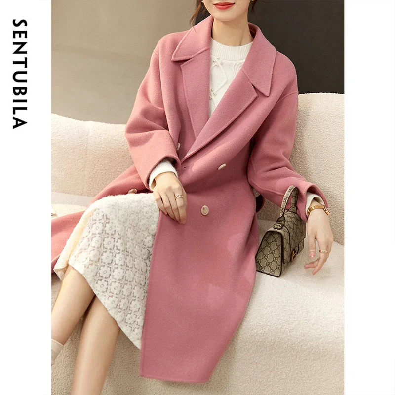 SENTUBILA abrigo mujer 100% lana 2025 invierno estilo coreano recto doble cara grueso cálido abrigo de longitud media W44O56769X