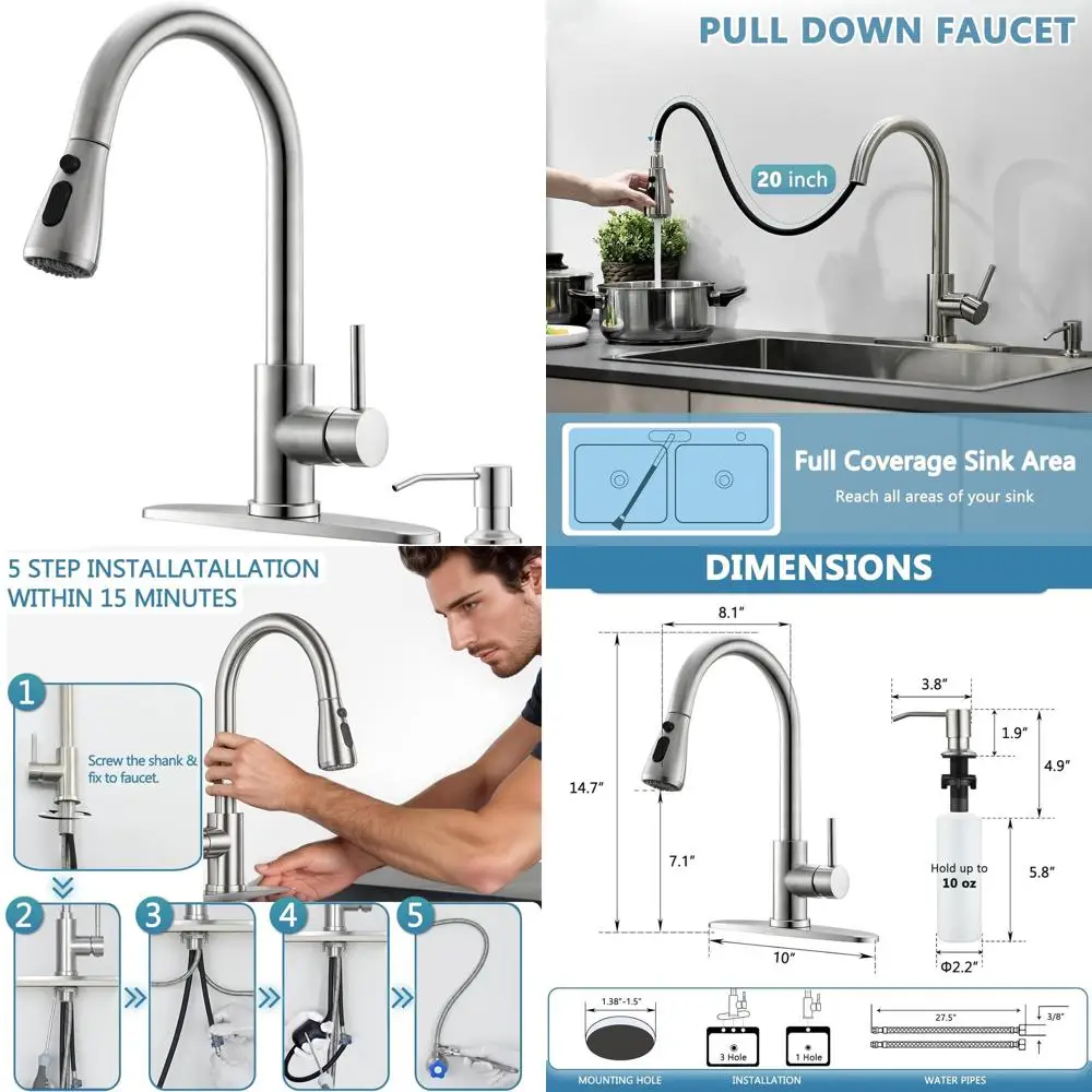 

Stainless Steel 3-Mode Pull-Down Spray Kitchen Faucet with Soap Dispenser, High-Arc Single Handle Mixer Tap for Bar, Laundry, Ca