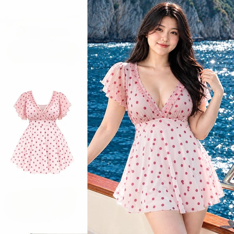 sexy kpop polka dot print ruffles deep v-neck mini dress culottes swimsuit one piece bodysuits bikinis swimwear tankini biquini