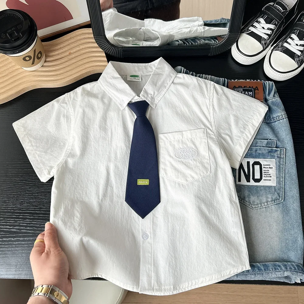 

2025 Summer Girls Boys College Style Short Sleeve Blouse with Tie Three Colors
