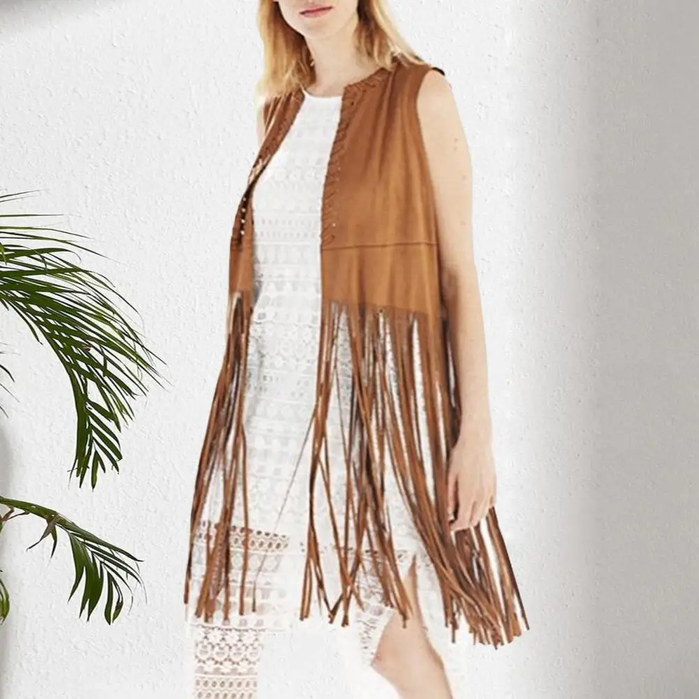 

Women Long Tassels Suede Vest Open Front O Neck Hollow Hole Vest Solid Color Ladies Vintage Fringed Waistcoat Top Streetwear