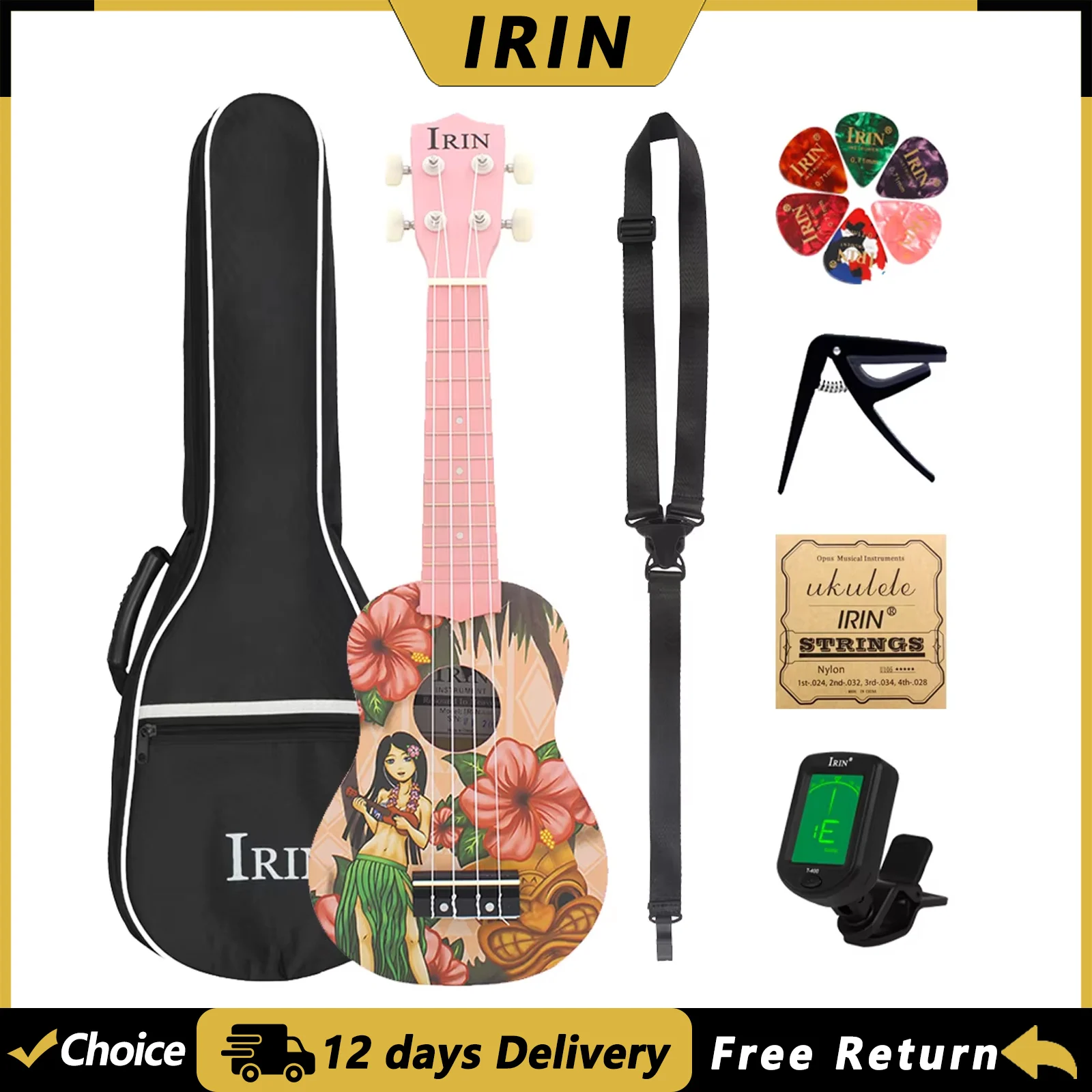 IRIN 21 Inch Ukulele 4 Strings Hawaiian Guitar Pink Girl Mini Ukulele Guitar with Bag Strings Tuner Guitar Parts & Accessories
