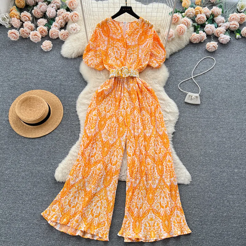 Seaside vacation style floral chiffon jumpsuit  women with high waist slim casual loose fitting wide leg straight leg pants