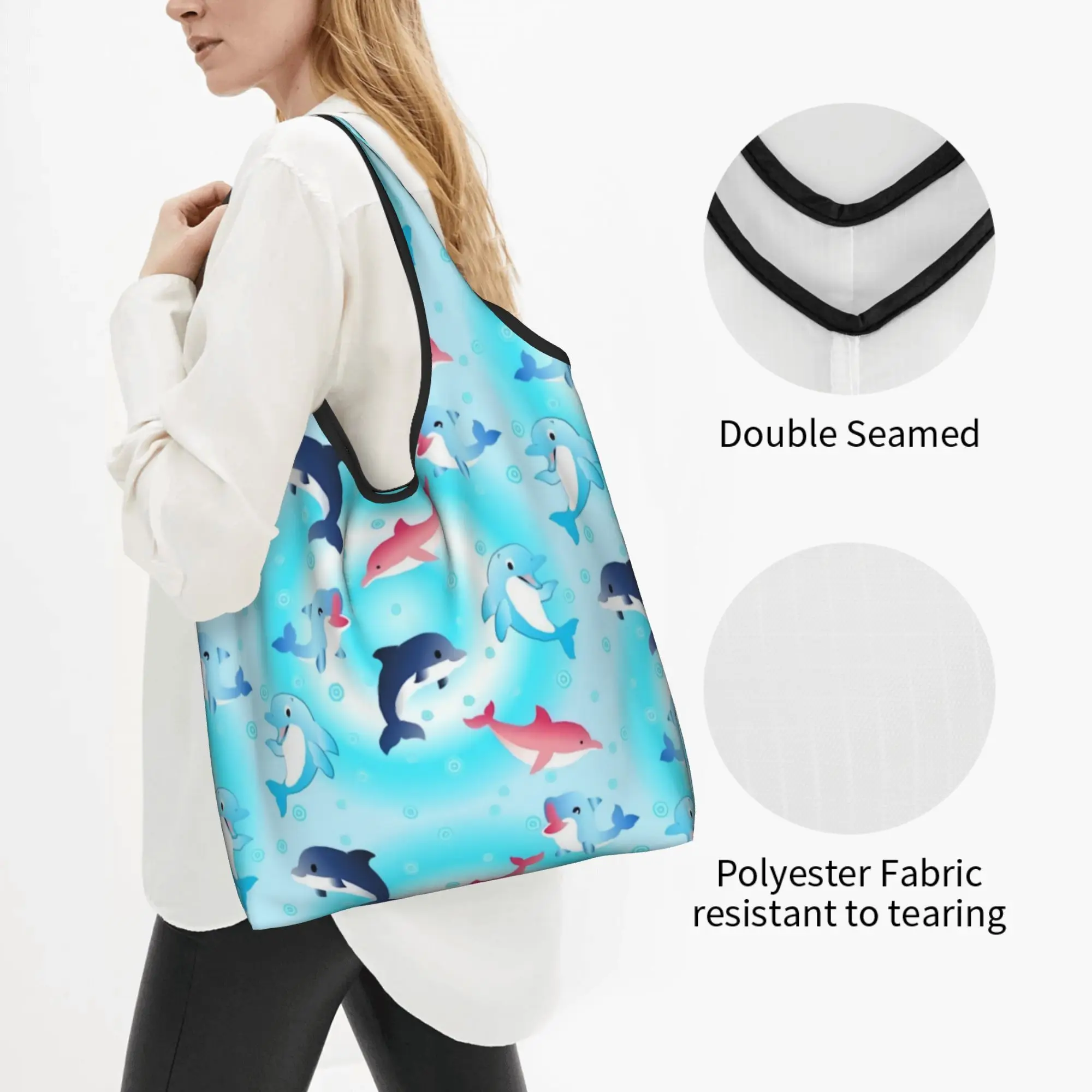 Reusable Funny Colourful Creative Dolphins Printed  Shopping Bag Women Tote Bag Portable  Groceries Shopper Bags