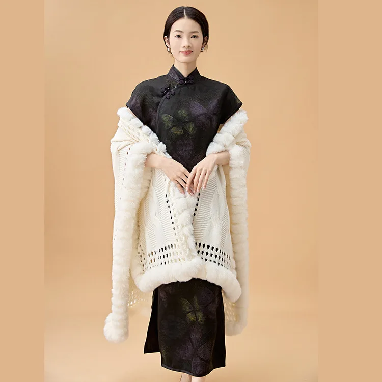New Poncho Chinese-style Autumn and Winter Cheongsam Shawl Outerwear Thick Knit Cape Faux Fur Coat National Cloak P1